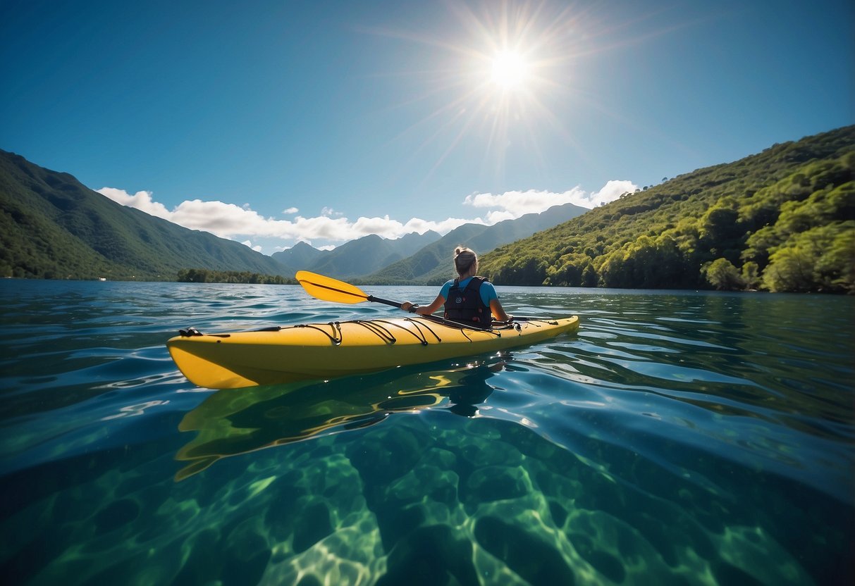 Kayak gliding on calm blue waters, surrounded by lush greenery and distant mountains. Sunlight glistening on the water's surface