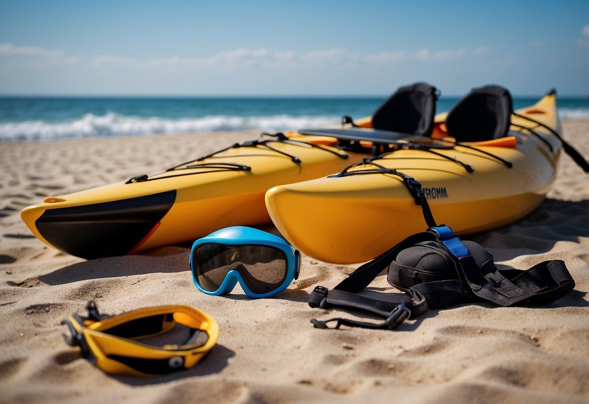 A kayak and safety gear lay on a sandy beach, with calm blue waters in the background
