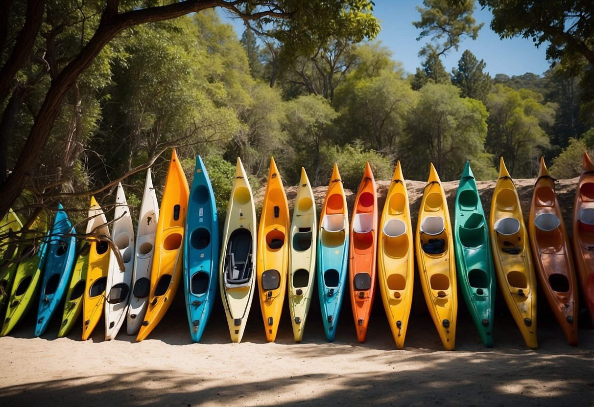 A colorful array of kayaks lined up on the shore, with a backdrop of crystal-clear blue waters and lush green trees. The sun is shining, and the scene exudes a sense of adventure and relaxation