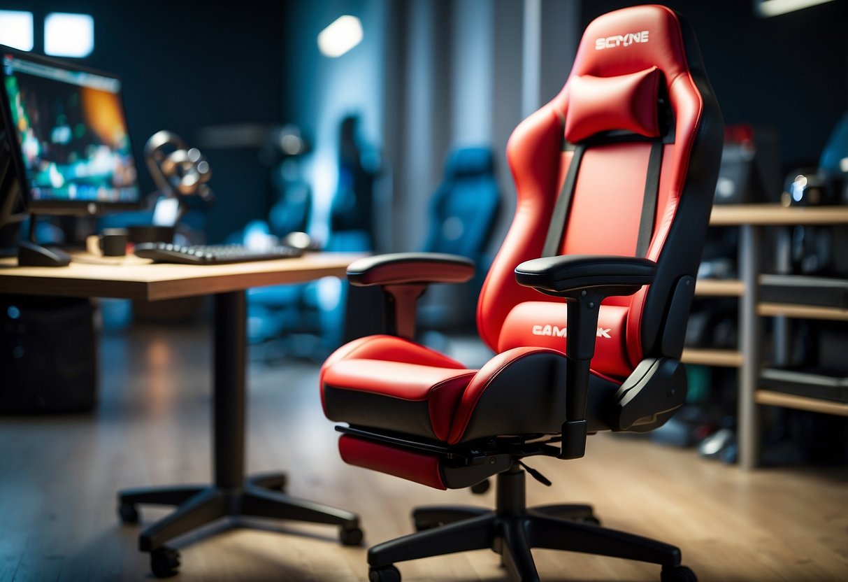 A gaming chair being customized with adjustable armrests and lumbar support. Multiple color and material options available