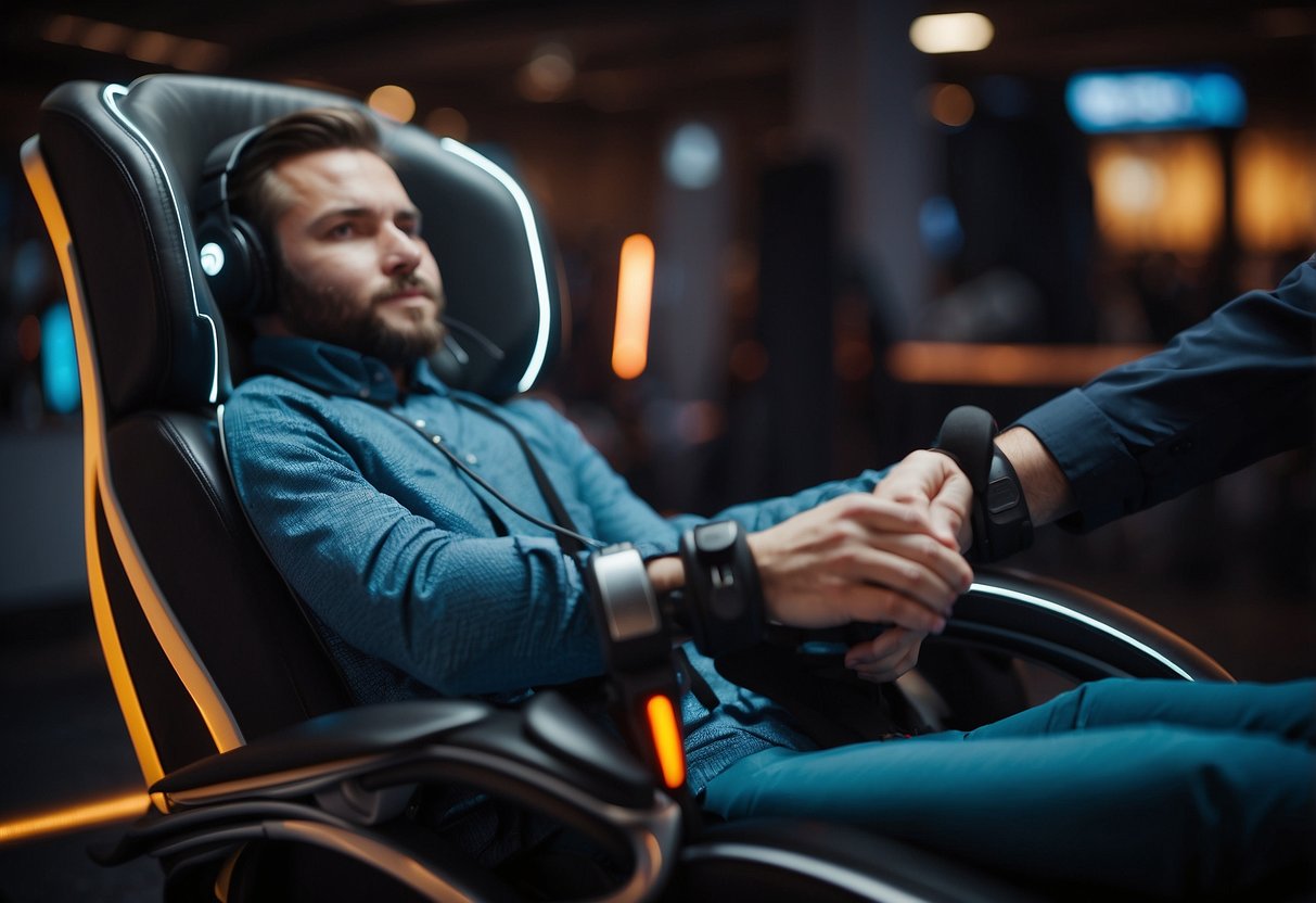 A person adjusts the lumbar support and armrests on a gaming chair for maximum comfort