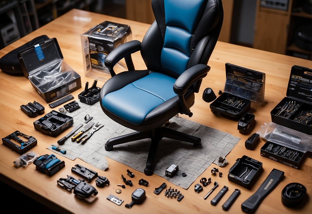A person assembles and customizes a gaming chair with tools and parts spread out on a workbench. Instructions and diagrams are visible nearby