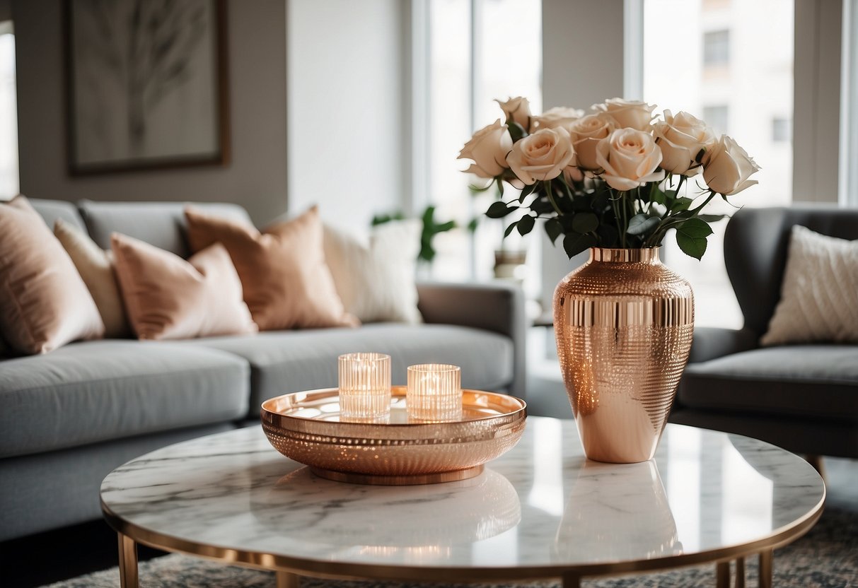 A luxurious living room with rose gold accents: a sleek coffee table, a plush throw pillow, and a shimmering vase on a marble mantel