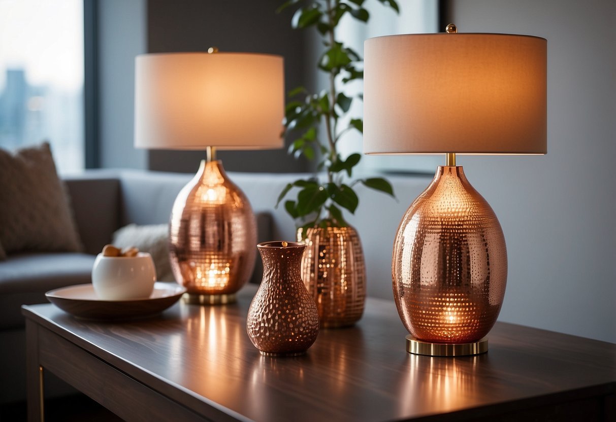 A rose gold table lamp sits on a sleek modern table, casting a warm and inviting glow in a stylishly decorated room