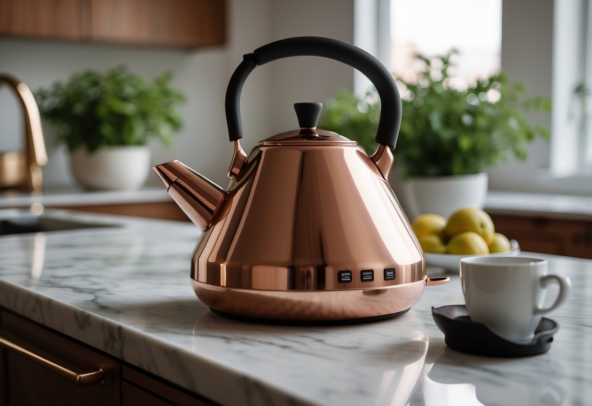 A sleek rose gold tea kettle sits on a marble countertop, surrounded by matching kitchen accessories and fresh greenery