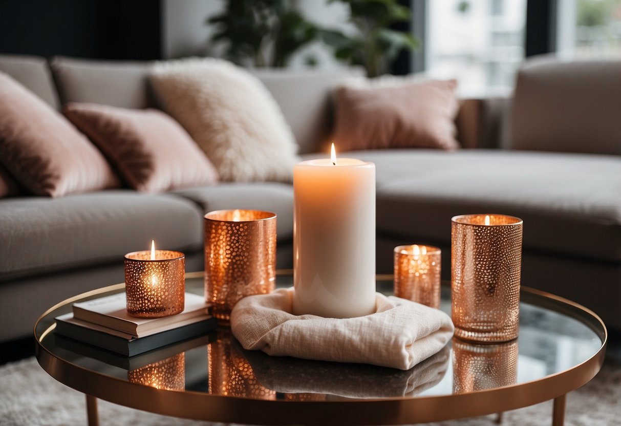 A cozy living room with rose gold accents: a sleek coffee table, a soft throw blanket, and a set of elegant candle holders