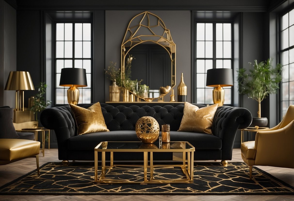 A luxurious living room with black and gold accents: a sleek black sofa with gold throw pillows, a gold-framed mirror, and black and gold geometric patterned rugs