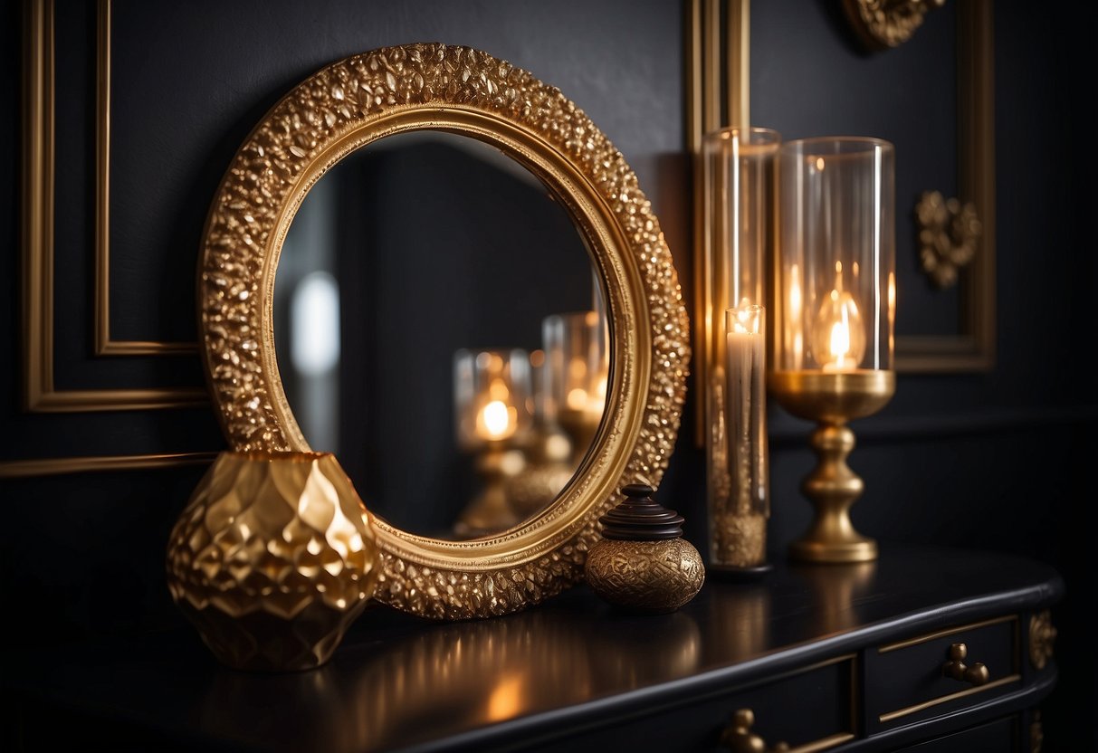 A golden-framed mirror hangs on a black wall, surrounded by gold home decor accents