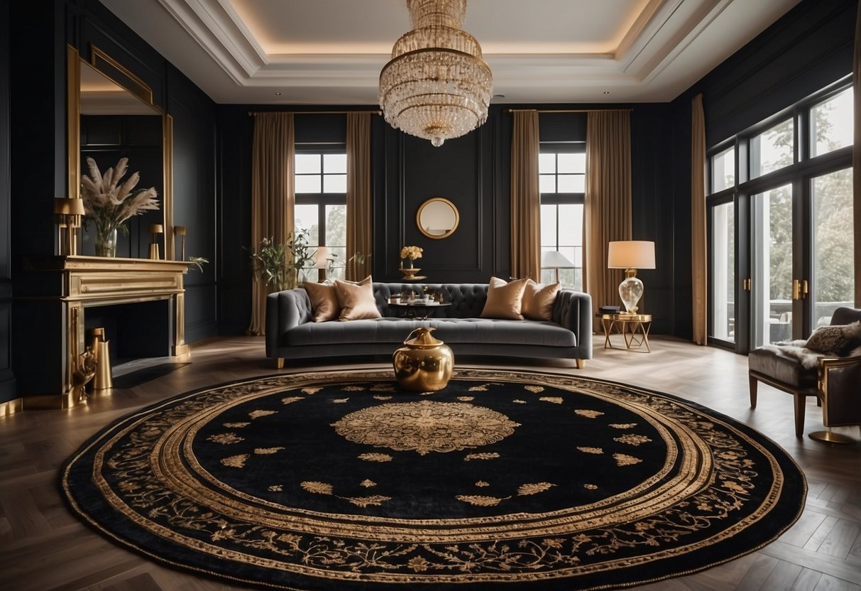 A luxurious black and gold area rug lays in the center of a grand living room, adding opulence to the elegant home decor