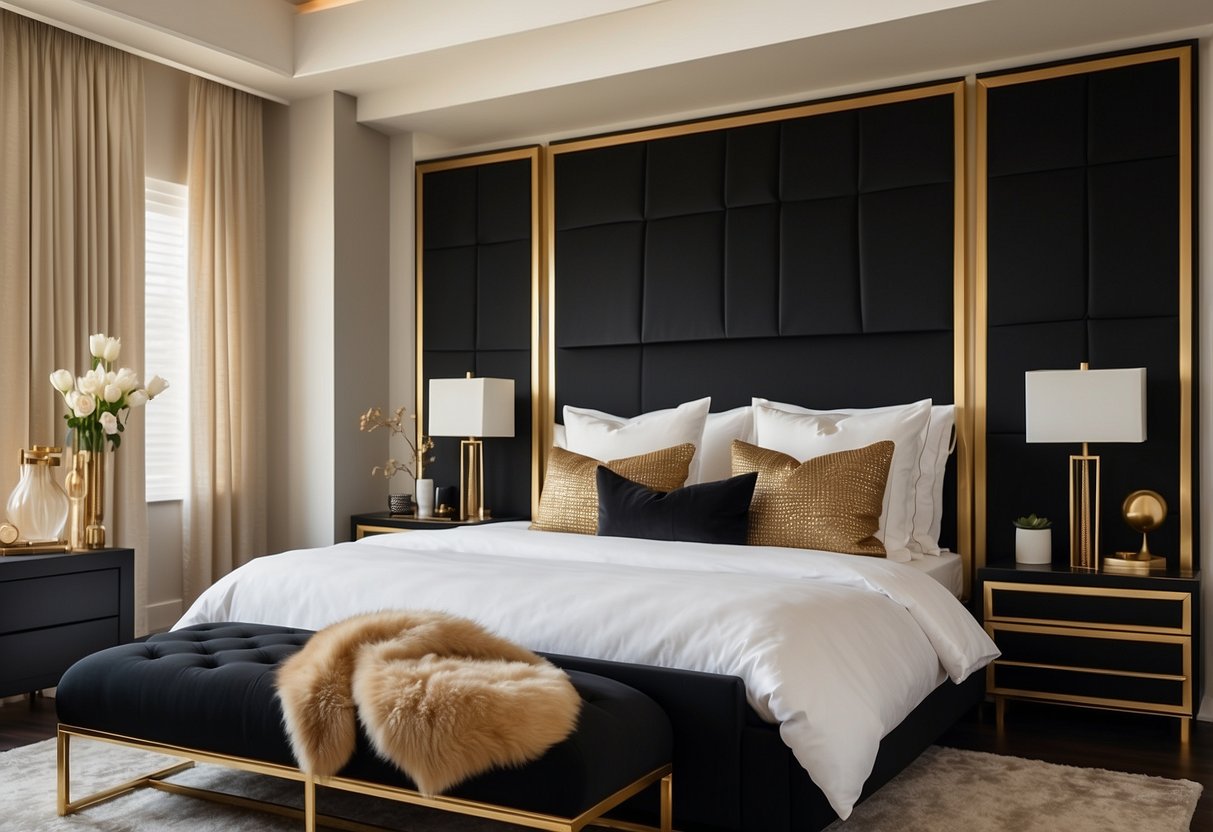 A sleek black upholstered headboard with gold accents, surrounded by luxurious black and gold home decor elements