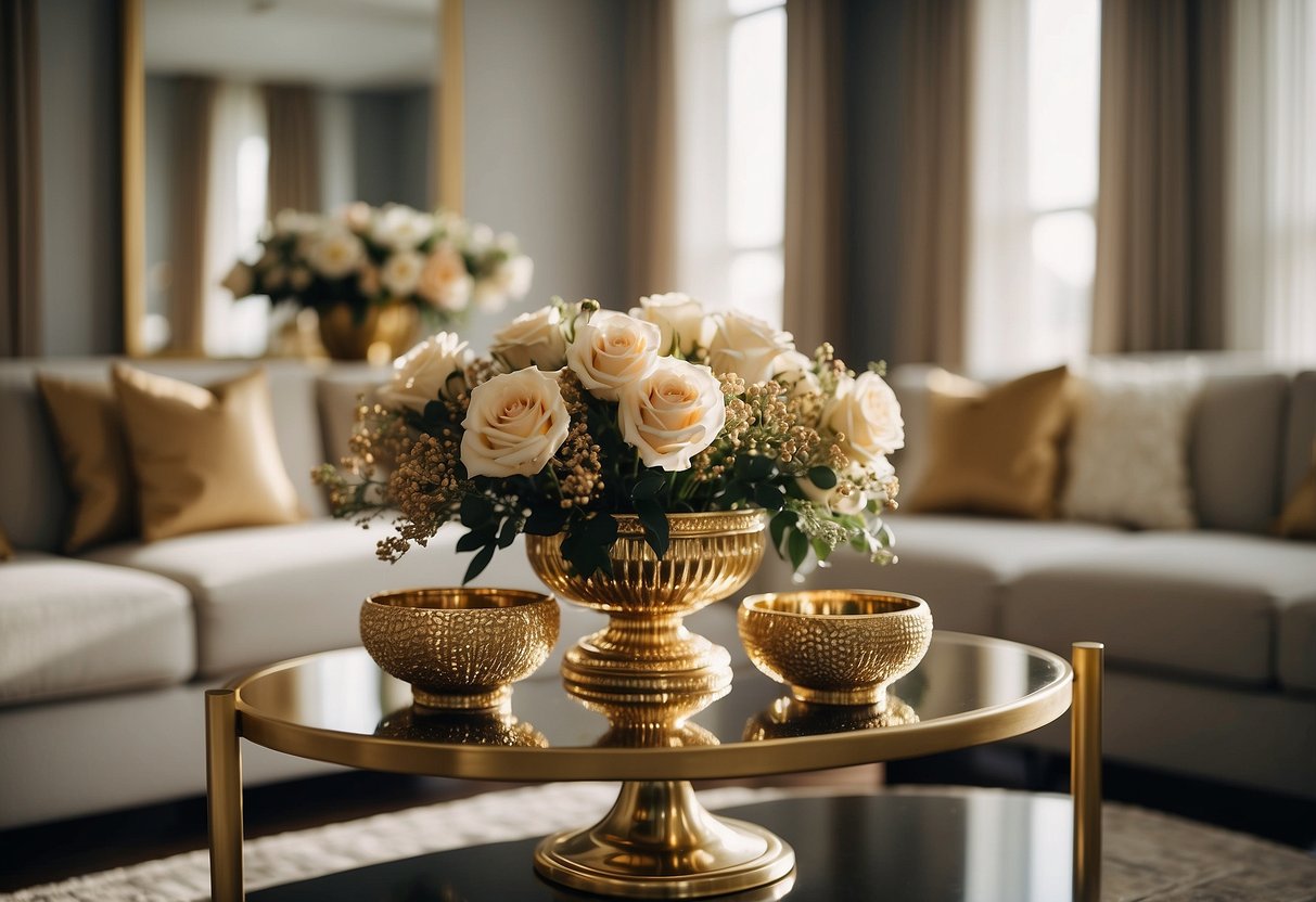 A luxurious living room with gold-accented throw pillows, a gilded mirror, and a shimmering chandelier. A golden vase filled with fresh flowers sits on a polished coffee table