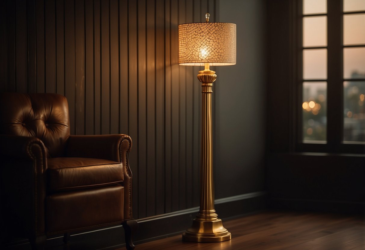 An antique gold floor lamp stands tall in a dimly lit room, casting a warm and inviting glow on the surrounding decor