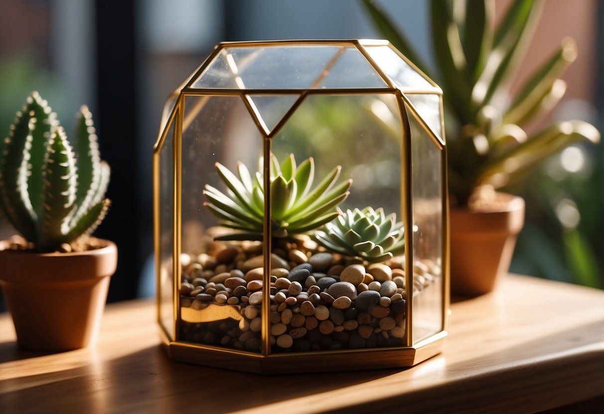 A gold geometric terrarium sits on a wooden shelf, surrounded by succulents and small pebbles. Rays of sunlight shine through the glass, casting intricate shadows on the wall