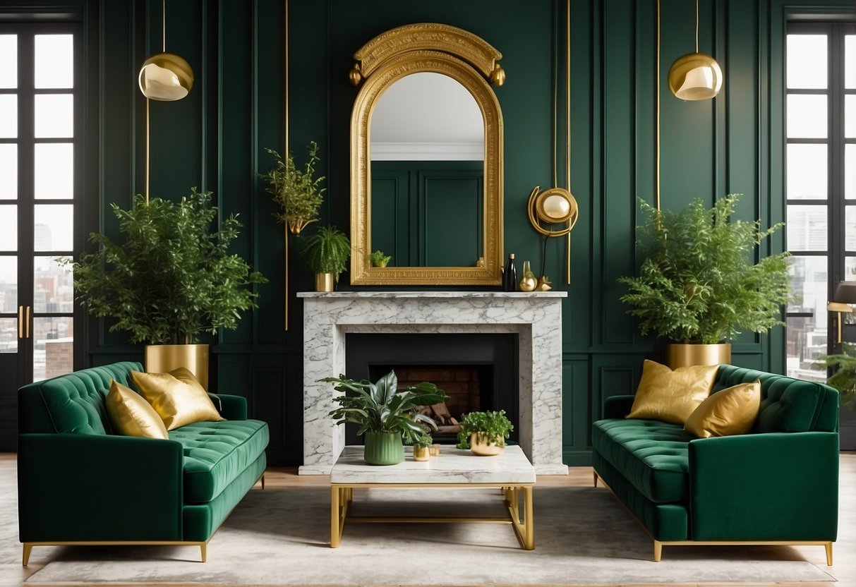 A living room with green velvet sofas, gold accent pillows, and leafy green plants. A gold-framed mirror hangs above a green marble fireplace