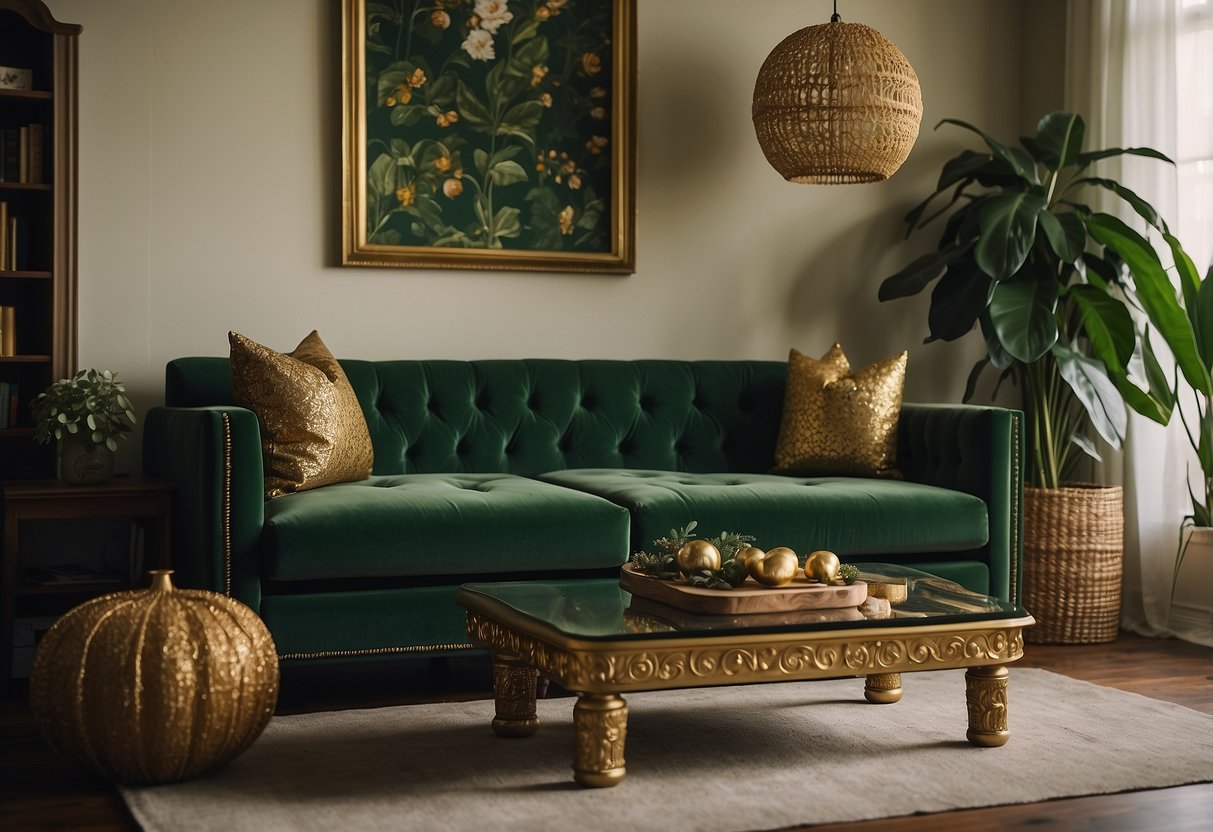 A vintage green velvet couch sits in a cozy living room, adorned with gold accents and surrounded by lush green home decor