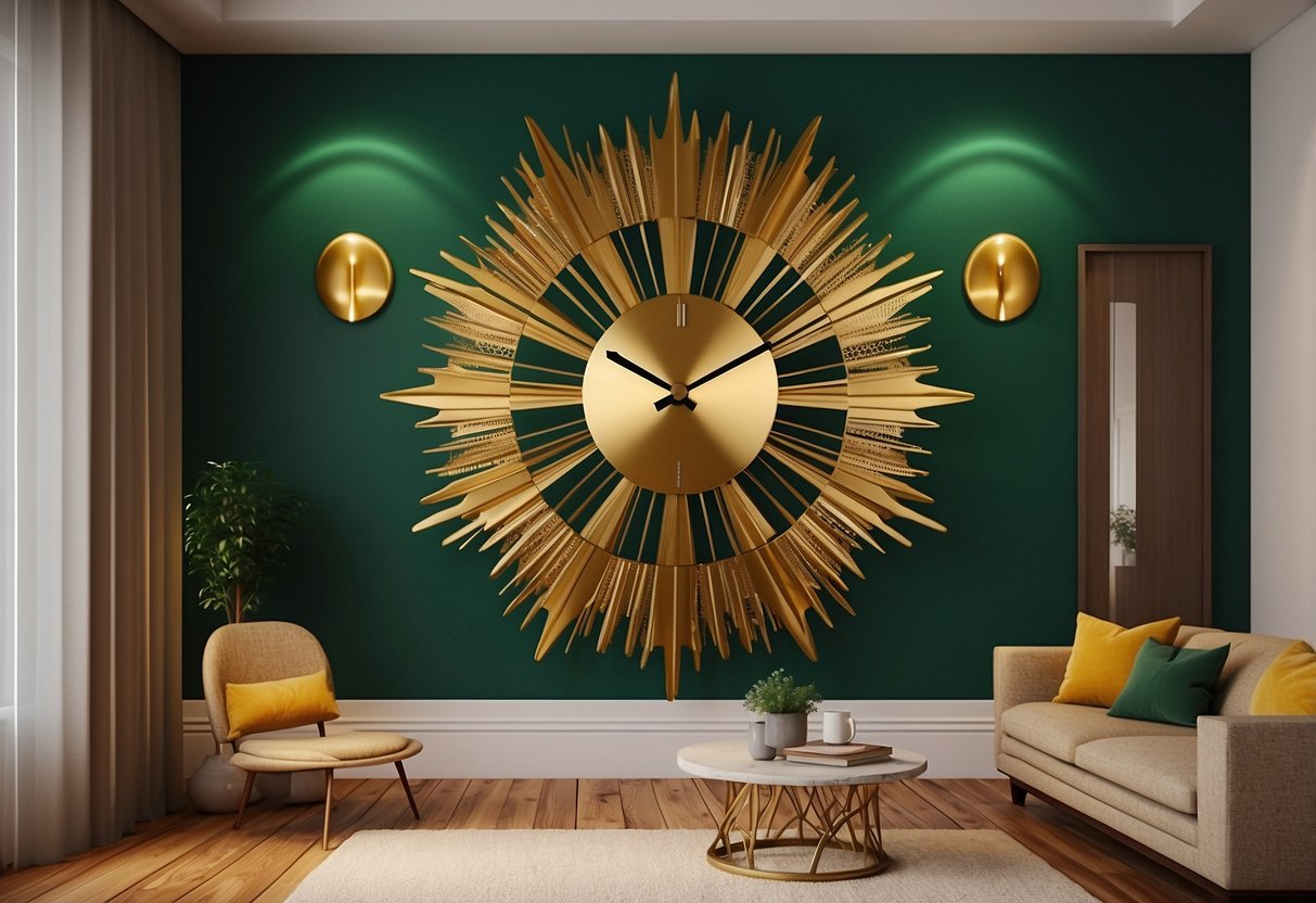 A gold sunburst wall clock hangs above a green and gold themed room, adding a touch of elegance to the home decor