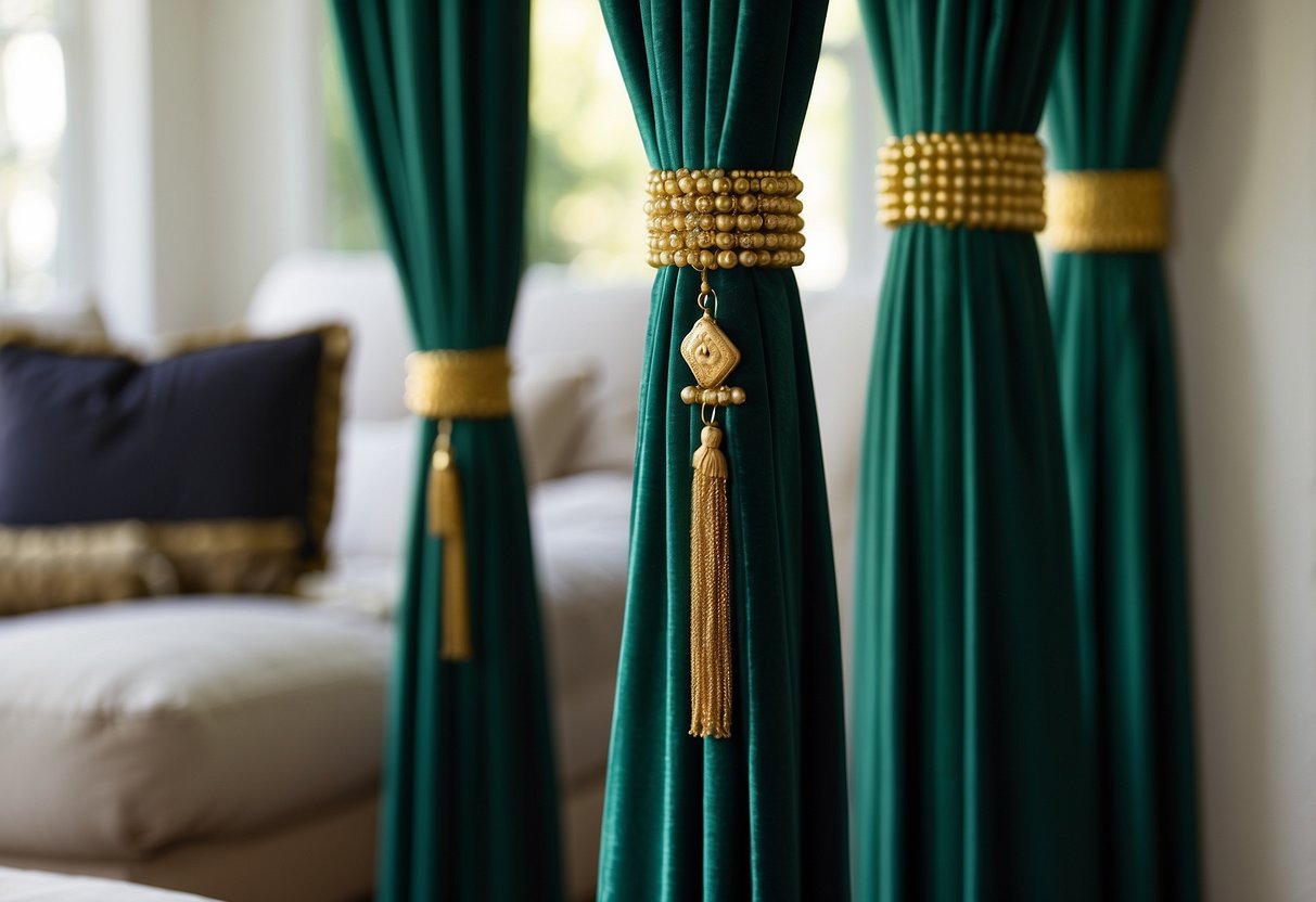 Emerald green curtains hang gracefully, adorned with gold tassels, adding a luxurious touch to the home decor