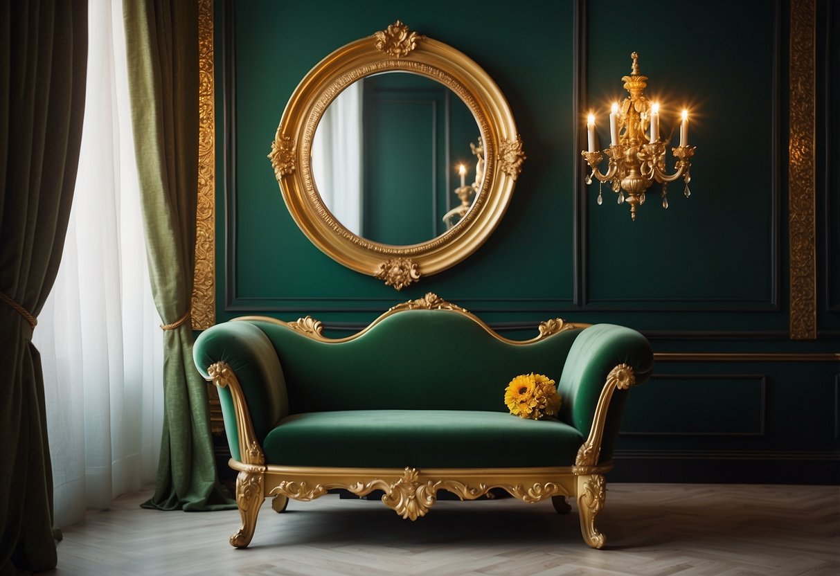 A luxurious gold leaf mirror hangs above a green and gold accented room, with ornate furniture and elegant decor