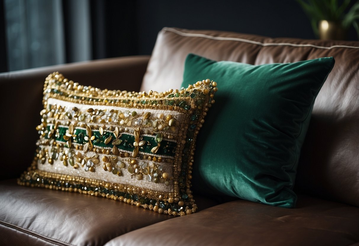 Two luxurious green and gold throw pillows sit on a plush sofa, adding a touch of elegance to the room's decor