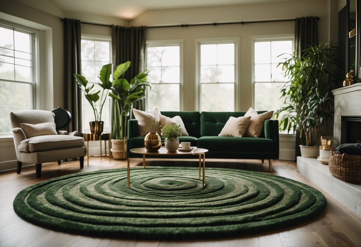 A forest green area rug sits in a cozy living room, surrounded by gold accents and lush greenery, creating a warm and inviting home decor