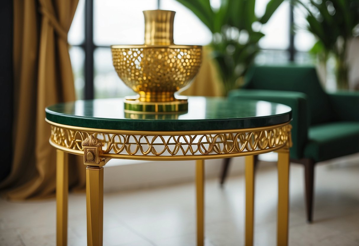 A gold accent table sits in a room with green and gold decor, adding a touch of luxury to the space