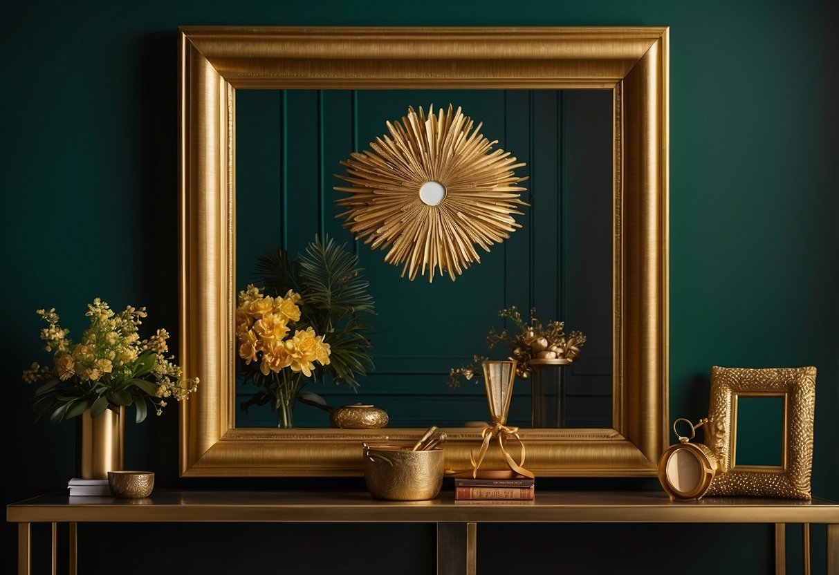 A luxurious gold picture frame hangs on a green wall, surrounded by matching gold home decor accents