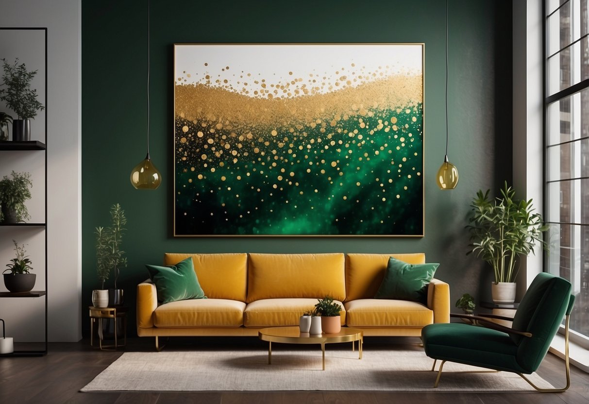 A vibrant green and gold wall art piece hangs in a modern living room, adding a touch of elegance and sophistication to the space