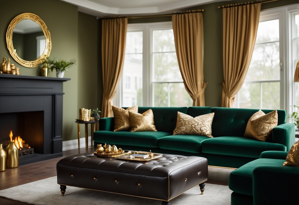 A cozy living room adorned with rich green and gold accents, from plush throw pillows to elegant curtains, creating a luxurious and inviting atmosphere