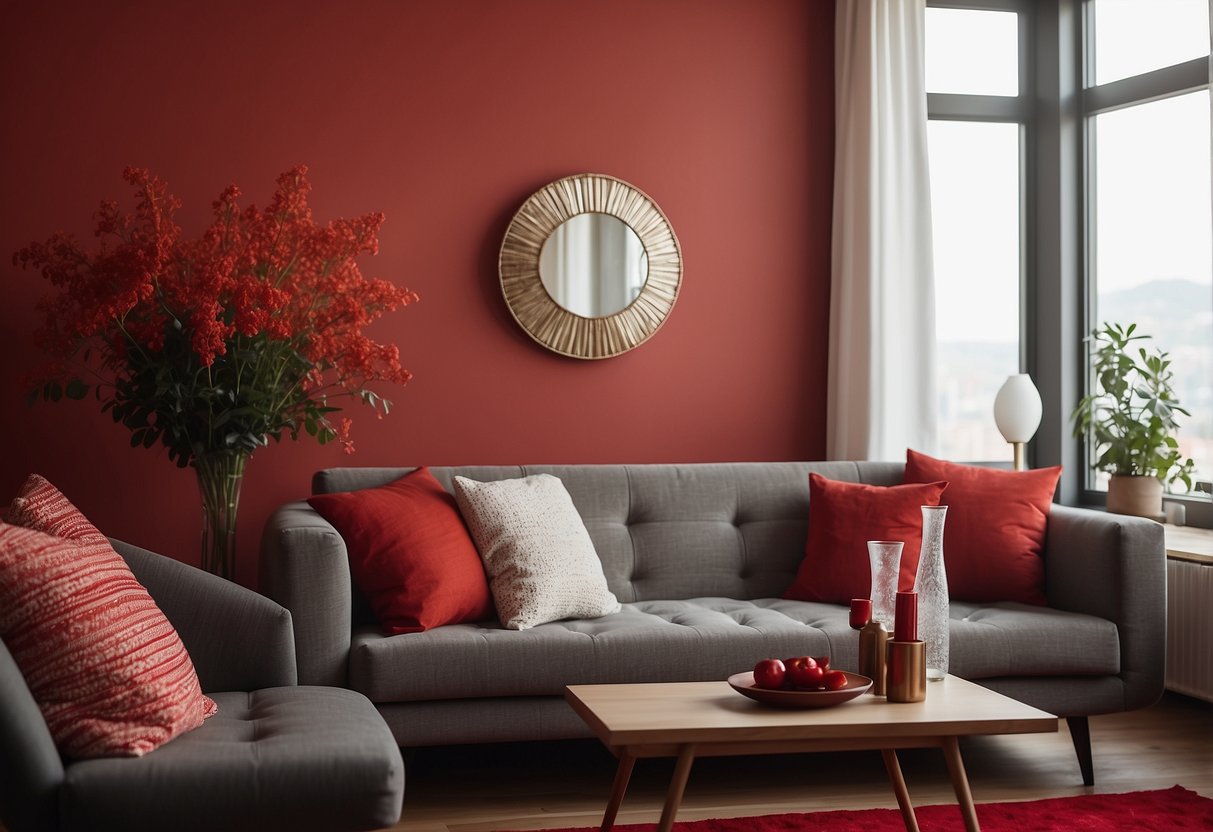 A cozy living room with red throw pillows, a red rug, and red curtains. A red accent wall with framed art and a red vase with flowers