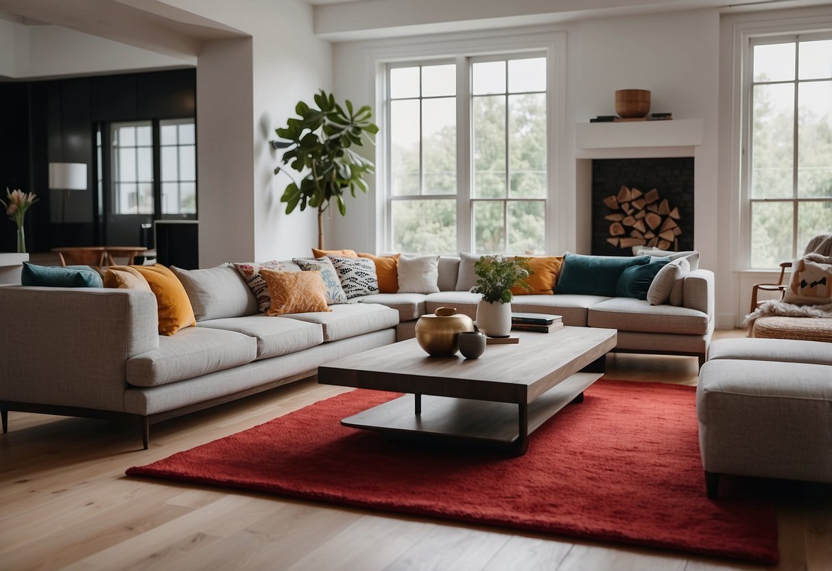 A scarlet area rug lies in the center of a spacious living room, adding a bold pop of color to the neutral decor