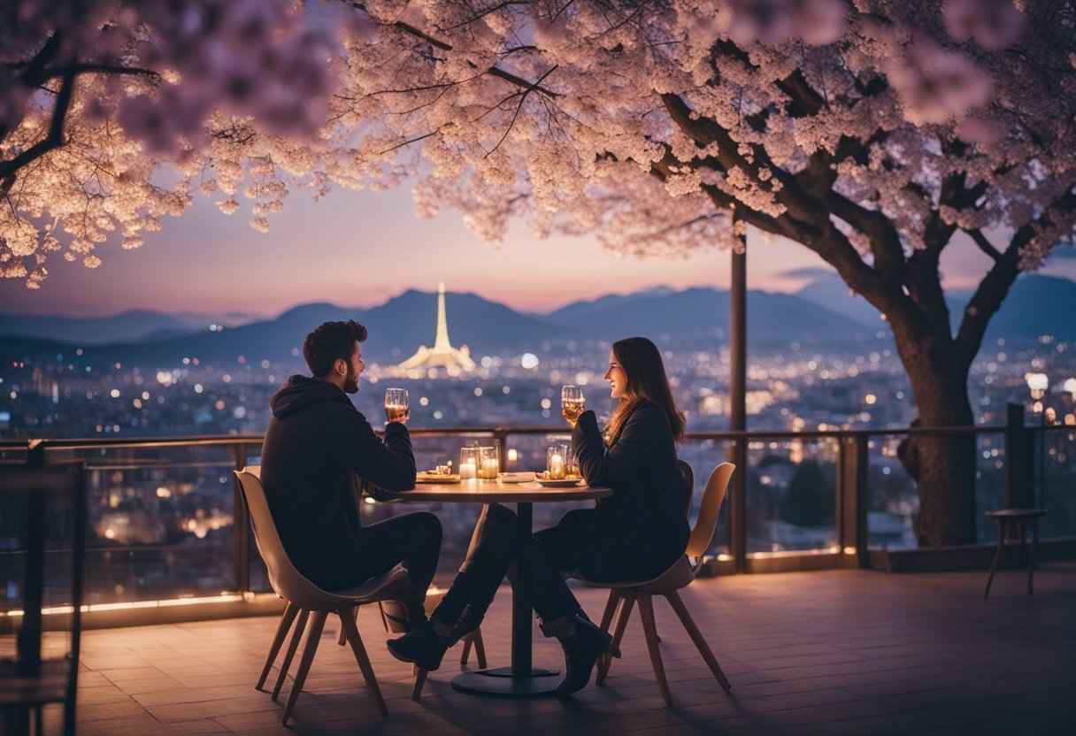 A cozy cafe with couples enjoying romantic moments, surrounded by cherry blossom trees and city lights in the background