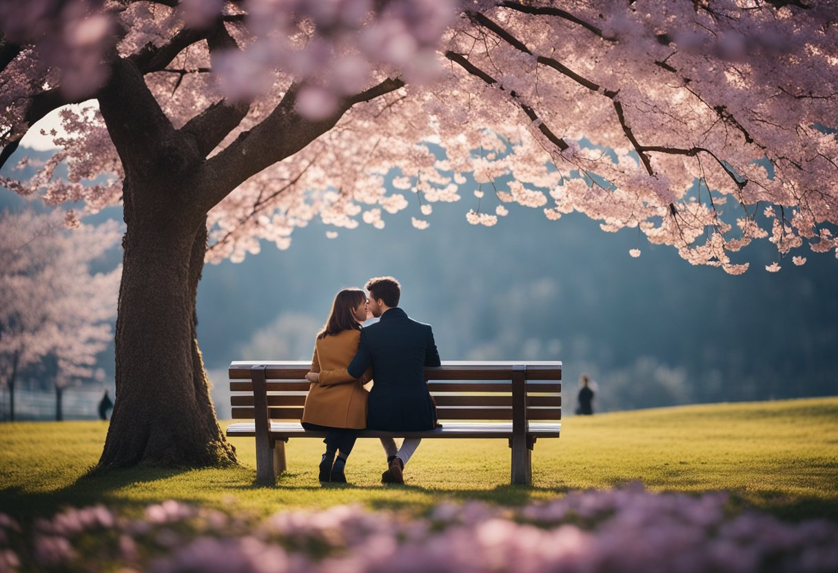 A couple embraces under a cherry blossom tree as the seasons change, symbolizing the evolution of romantic dramas from 2020 to 2024