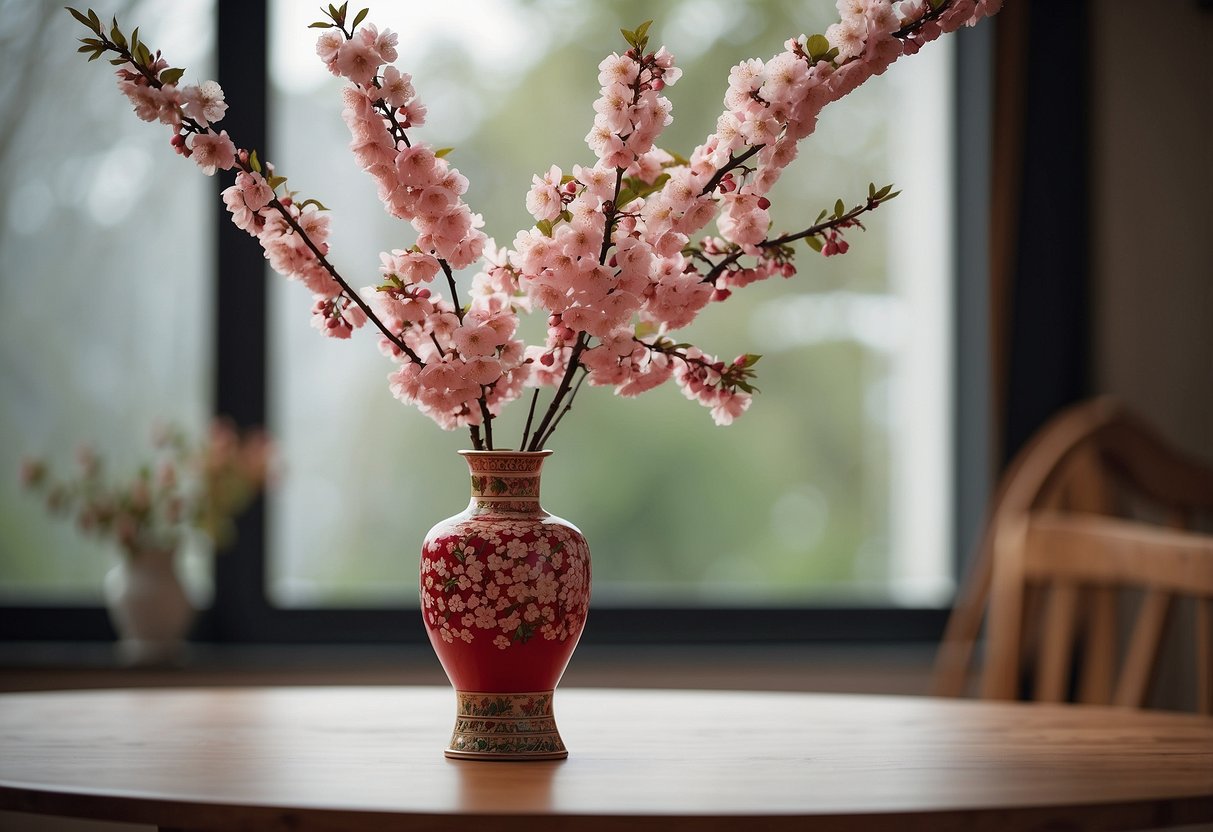 A tall, slender vase filled with delicate cherry blossoms sits on a wooden table, adding a pop of vibrant red to the room