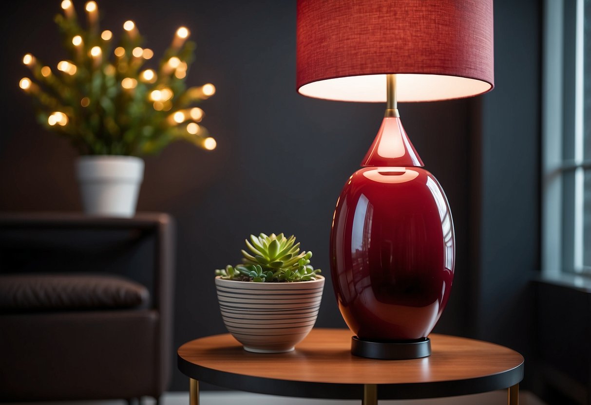 A red garnet table lamp illuminates a modern living room, adding a pop of color to the home decor