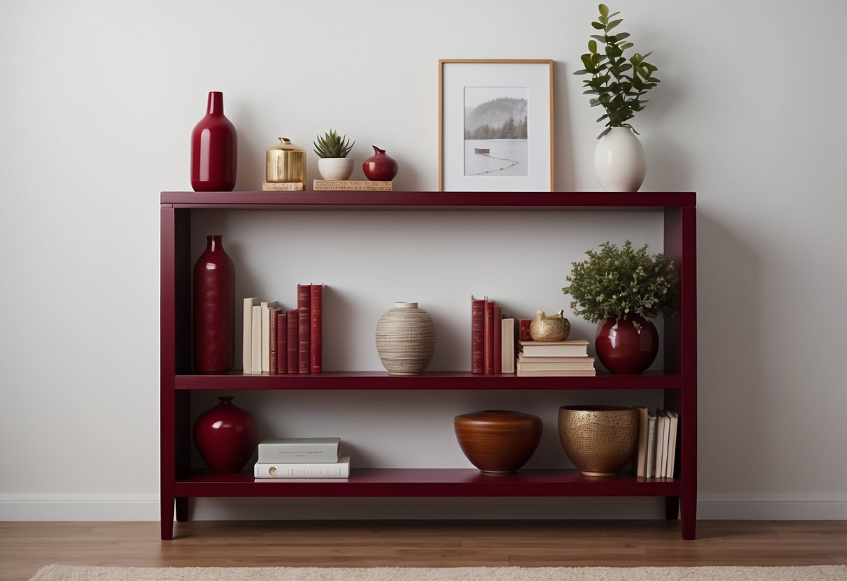 A maroon bookshelf stands against a white wall, adorned with red home decor items such as vases, candles, and picture frames