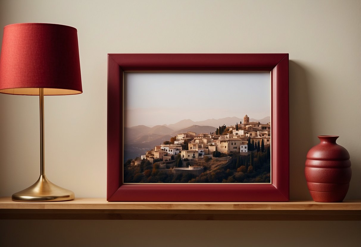 A wine-red picture frame hangs on a cream-colored wall, surrounded by other red home decor items