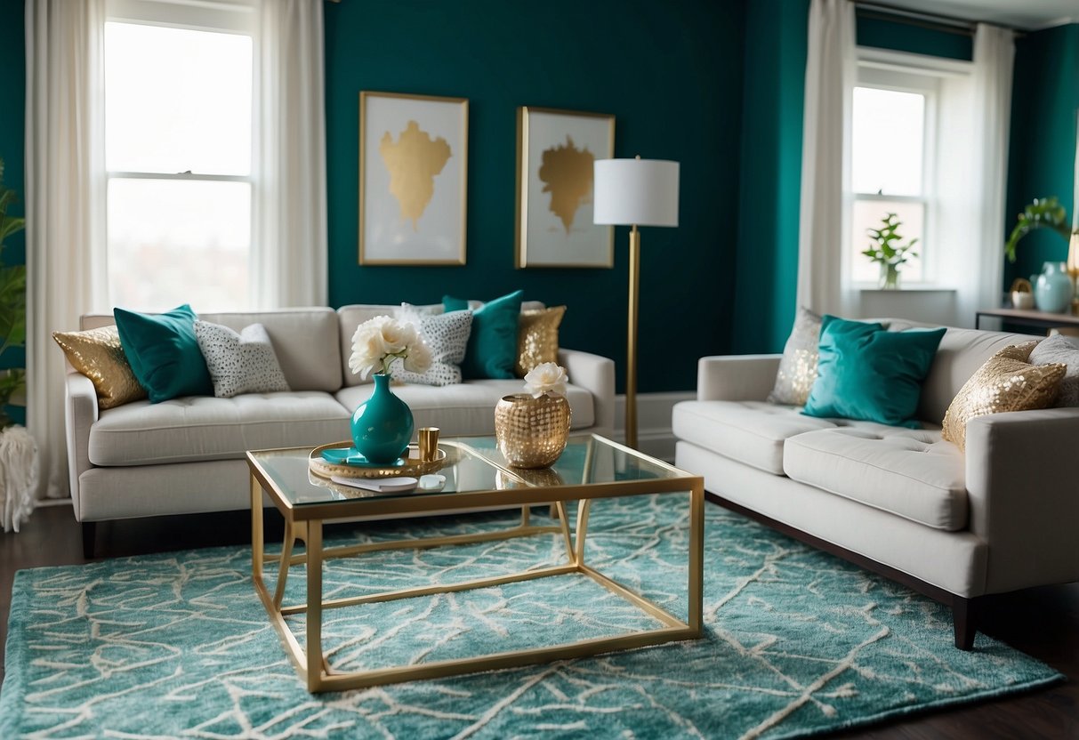 A living room with a teal accent wall, matching throw pillows on a neutral-colored sofa, and a teal rug with geometric patterns. Silver or gold metallic accents add a touch of glamour to the space