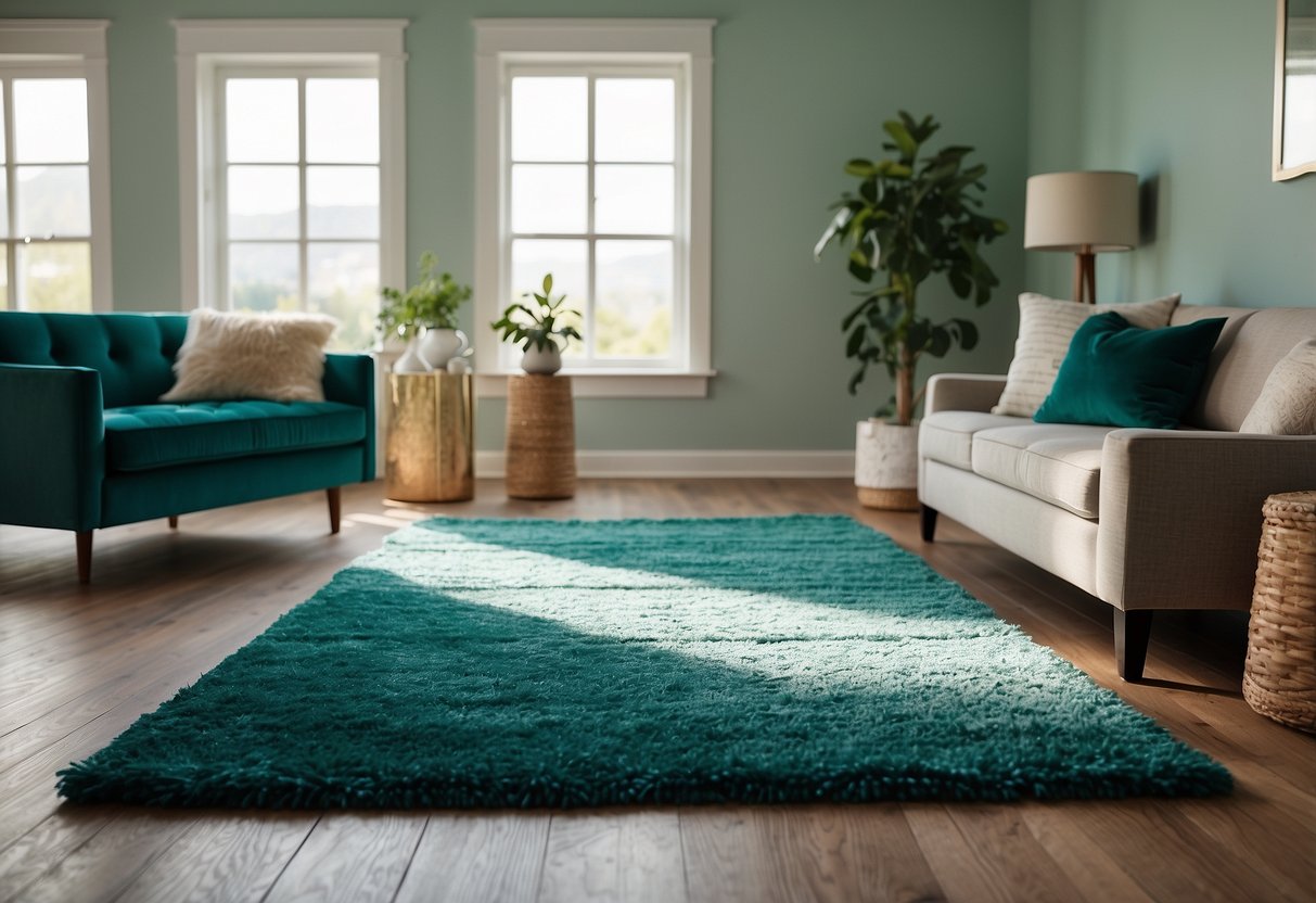 A serene teal area rug sits in a sunlit room, surrounded by minimalist teal home decor