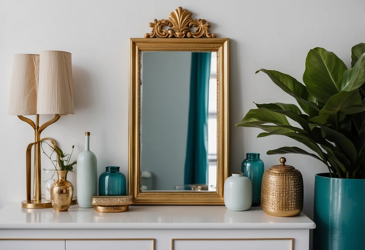 A teal and gold accent mirror hanging on a white wall, surrounded by teal home decor items