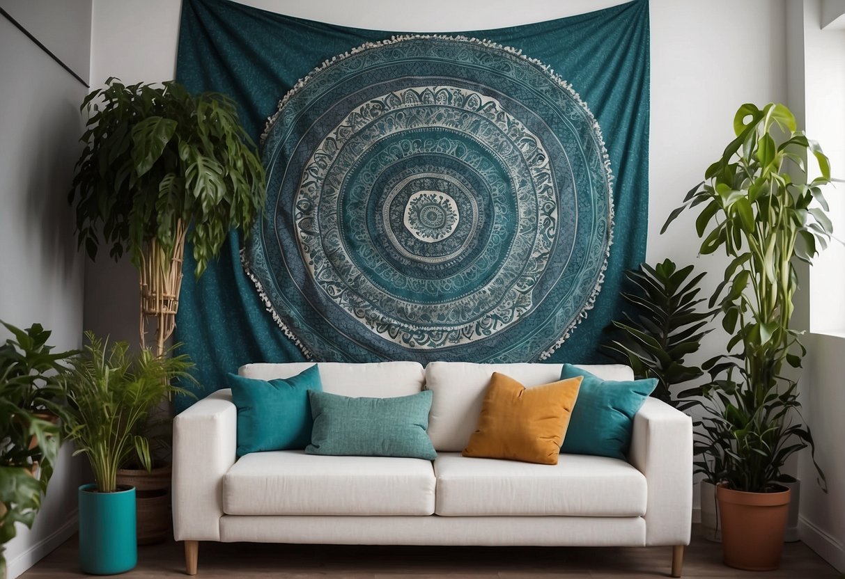 A teal bohemian tapestry hangs on a white wall, surrounded by potted plants and colorful pillows