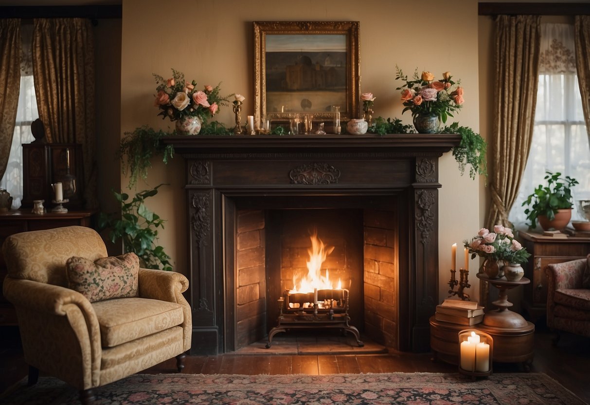 A cozy living room with vintage furniture, floral curtains, and ornate wall decor. A fireplace with a mantel adorned with antique vases and candlesticks