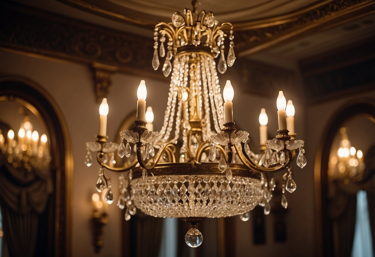 A grand vintage French chandelier hangs from a high ceiling, casting a warm and elegant glow over the ornate European home decor