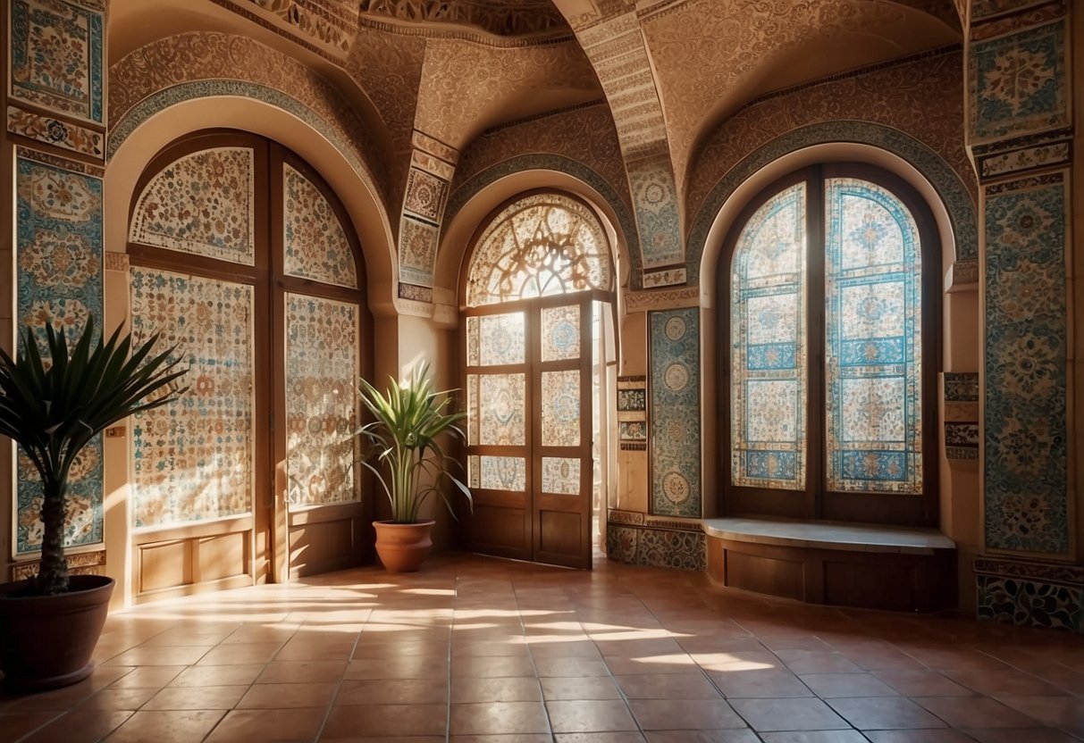 A colorful array of Spanish Moorish tiles adorns the walls and floors of a European home, adding a touch of exotic elegance to the decor