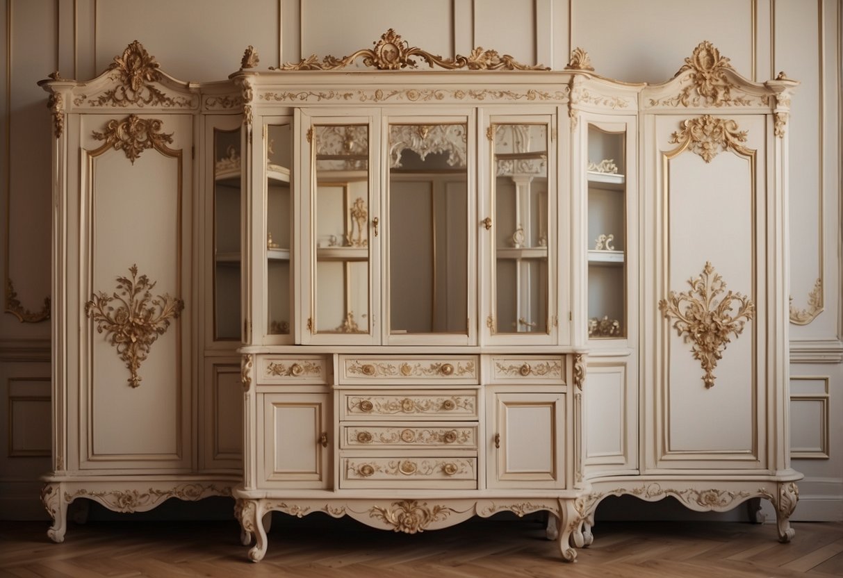 A pair of Swedish Gustavian cabinets stand against a cream-colored wall, adorned with delicate carvings and topped with marble. The room is filled with European home decor, including ornate mirrors and antique candle holders