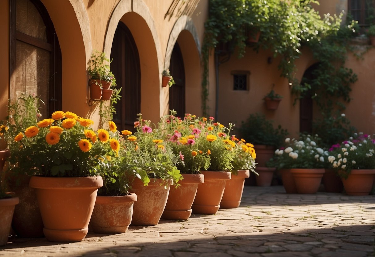 A rustic Tuscan courtyard filled with terracotta pots of various sizes, overflowing with vibrant greenery and colorful flowers. The warm sunlight bathes the scene, casting soft shadows on the weathered walls