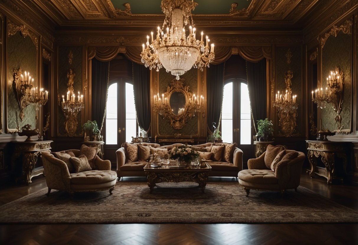 In a grand European mansion, ornate tapestries hang from the walls, while intricate wood carvings adorn the furniture. Rich fabrics in deep, regal colors drape over luxurious seating, and elaborate chandeliers cast a warm glow over