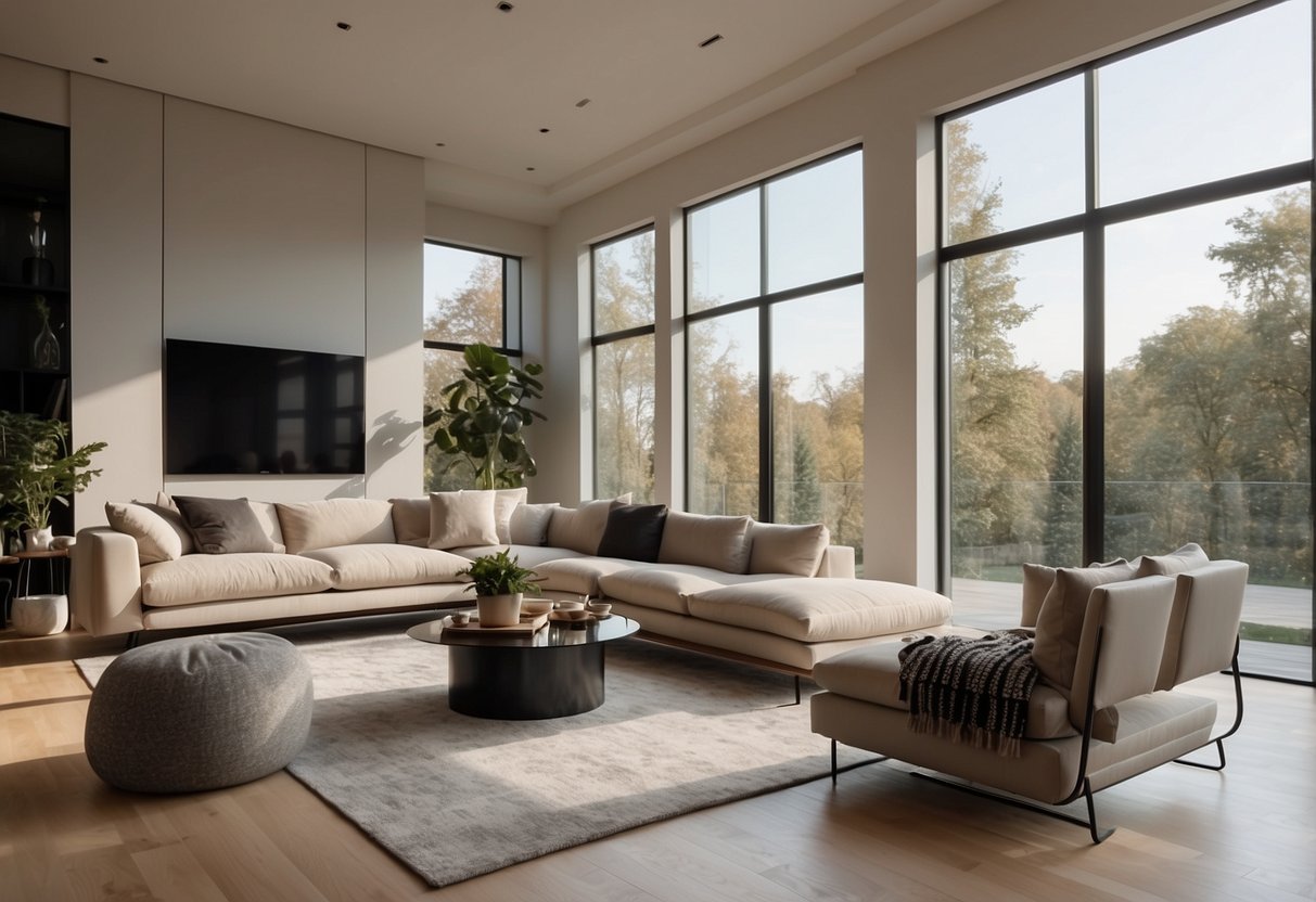 A spacious living room with clean lines, minimalistic furniture, and neutral color palette. Large windows allow natural light to fill the room, highlighting the sleek and elegant design