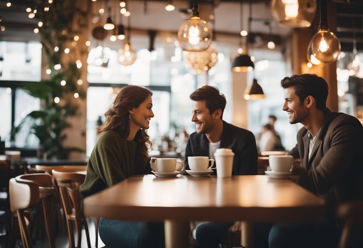 A cozy cafe with romantic decor, soft lighting, and couples enjoying intimate conversations over cups of coffee