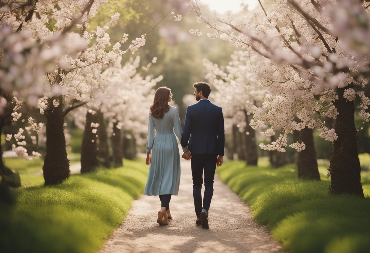 A couple walking hand in hand through a blossoming garden, surrounded by romantic scenery and expressing love and affection towards each other