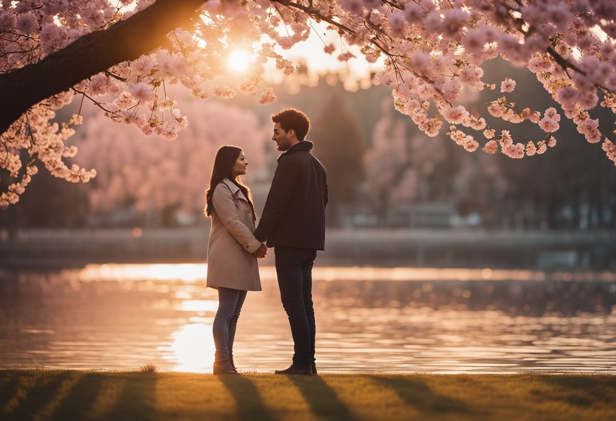 A couple holding hands under a cherry blossom tree, with a romantic sunset in the background. Their eyes meet, expressing deep love and affection